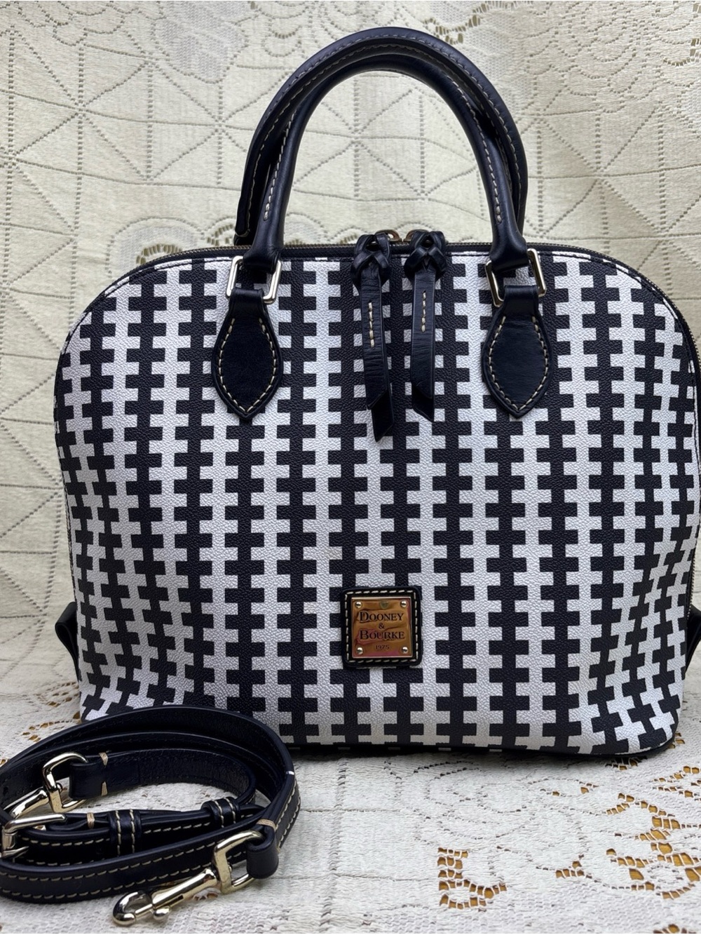 Dooney & Bourke Black and White Patterned Dome Satchel
